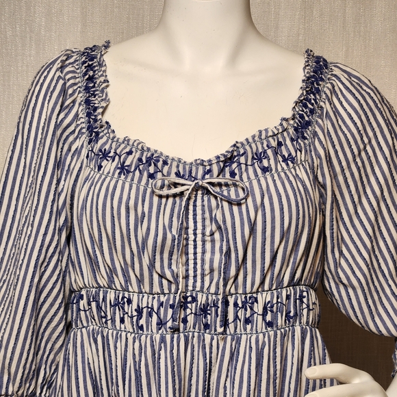 American Eagle Mini Dress Large Peasant Puff Sleeve Blue White Stripe Cinch - Picture 4 of 12
